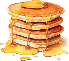Tasty watercolor illustration of fluffy hotcakes drizzled with golden honey and butter in a cozy breakfast setting - vector illustration