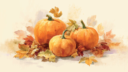 Festive watercolor Thanksgiving composition featuring three vibrant orange pumpkins surrounded by colorful autumn leaves - vector illustration
