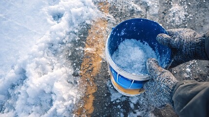 Person wearing warm gloves holding a blue bucket full of rock salt, preparing to spread it on an icy surface covered with snow and ice, ensuring safety during cold winter weather