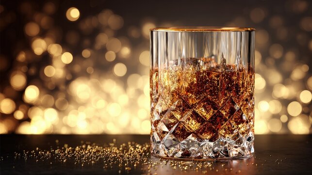 Rich amber beverage with ice sits in a cut crystal glass.