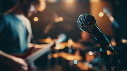 People in the band are practicing music with the singer's microphone.