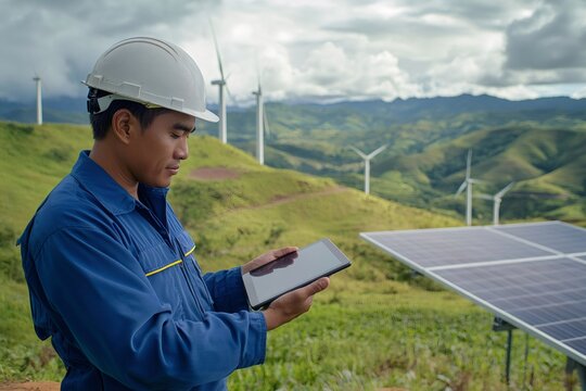 Engineer monitoring solar panels and wind turbines, ensuring efficient clean power generation using modern technology