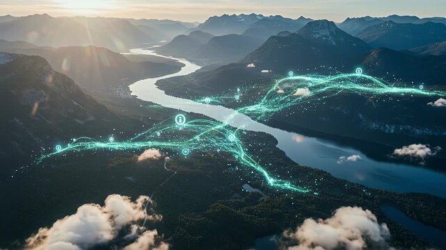 Abstract Digital Network Overlay on Mountain Landscape Background