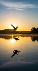 Geese in Flight - A Serene Sunrise Over the Lake.