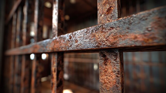 Close-up of rusty metal bars in a dark, enclosed space.
