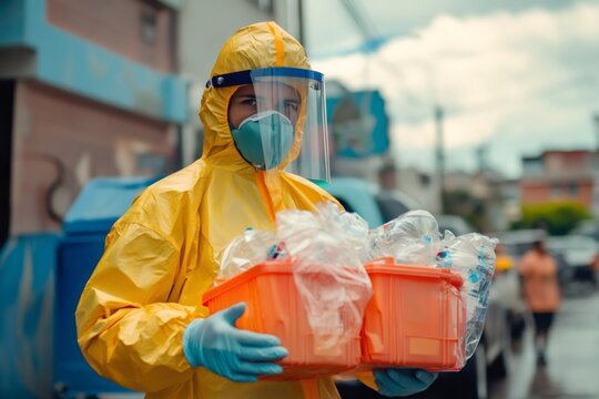 Person wearing a yellow hazmat suit, face mask, and gloves carrying crates of plastic bottles for environmental cleanup