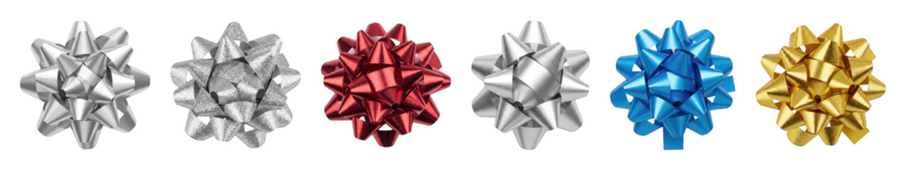 Gift bows set including shiny, glitter, red, blue, gold, and silver metallic bows isolated. Holiday, celebration, and packaging decoration.