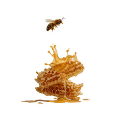 Fototapeta premium Golden honey drips from honeycomb as a bee flies nearby, capturing nature's sweet bounty and artisanal production.