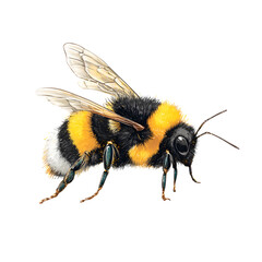 Detailed macro view of a fuzzy bumblebee with striking yellow and black stripes, showcasing intricate wings and delicate legs in stunning realism