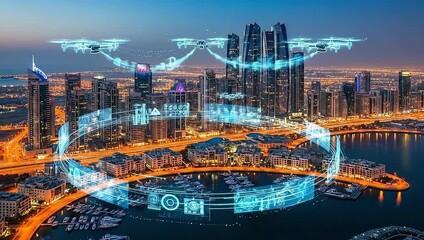 Futuristic cityscape at dusk with drones, data streams, and illuminated structures. Modern technology concepts - Powered by Adobe