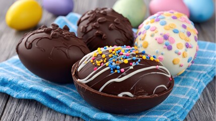 Delicious chocolate eggs decorated with sprinkles and drizzles sit on a blue cloth.