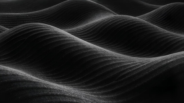 Black wavy fabric texture with soft dunes and flowing abstract pattern