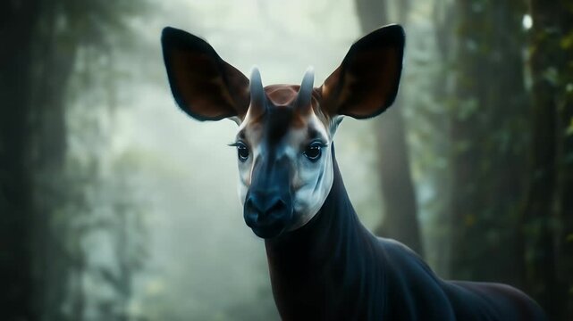 Realistic Okapi in Misty Forest Background Close Up Portrait