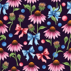 Floral Pattern with Echinacea Flowers, Ribbons, and Decorative Spheres on Dark Background.