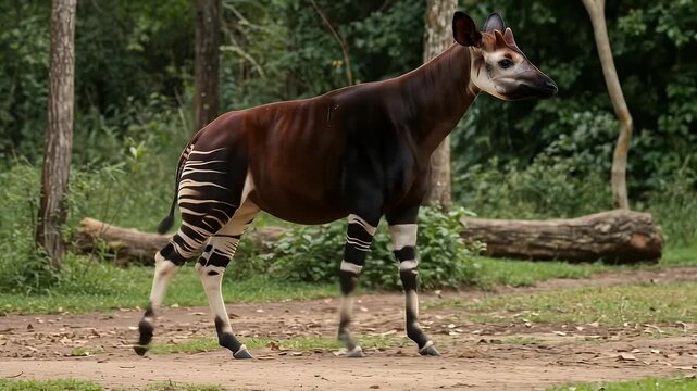 Realistic Okapi Walking Through A Forest With Green Foliage And Natural Light
