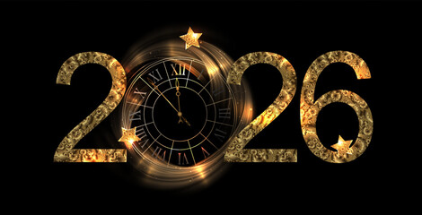 Merry Christmas. Isolated number 2026 with round gold color clock.