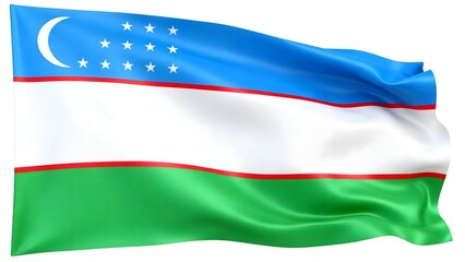 Photorealistic image of the flag of Uzbekistan with blue, white, and green horizontal stripes, a red stripe, and a crescent moon with 12 stars on a blue field. Isolated on a white background.