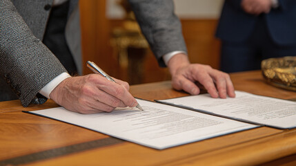 A man in a suit signs an important document with a pen, representing formal agreement, contract, and official procedures on a wooden surface.