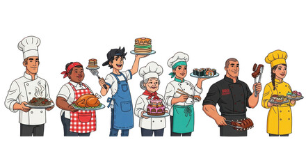 Diverse group of chefs holding delicious food isolated on transparent background