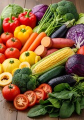 Fresh and Vibrant Variety of Vegetables on Wooden Surface.