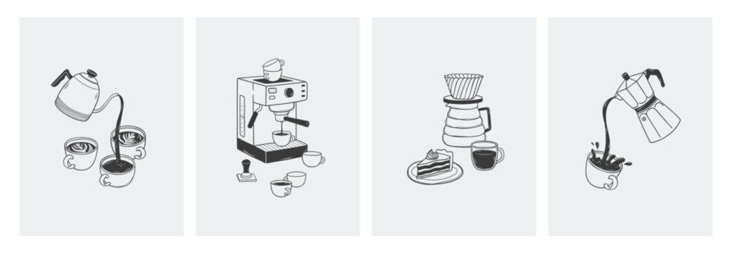 Hand drawn outline posters set of coffee break. Sketch doodle illustrations with cups, coffee maker and machine, coffee pot, cake. Vintage design for coffee house wall art, menu, cafes, print