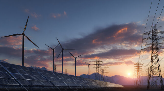 Renewable Energy Landscape: Wind turbines, solar panels, and power lines against a colorful sunset sky for sustainable electricity solutions. - Powered by Adobe