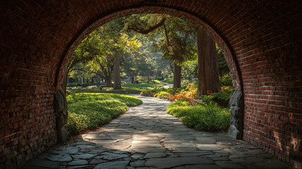 Obraz premium Archway View: A brick arch frames a view of a serene park with a stone path leading towards trees and benches on a sunny day.