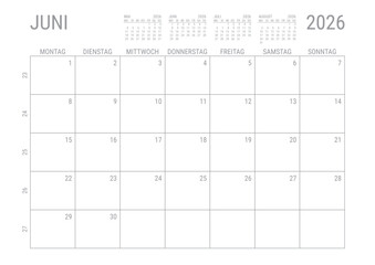 Juni 2026 Monat Kalender Monatskalender Kalenderblatt Kalendarium mit Kalenderwoche Planer DIN A4 Deutsch	