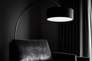 Arc floor lamp illuminating modern sofa creating a serene atmosphere in a contemporary black and white living room interior