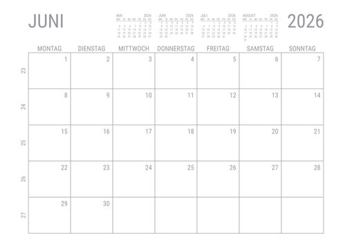 Juni 2026 Monat Kalender Monatskalender Kalenderblatt Kalendarium mit Kalenderwoche Planer DIN A4 Deutsch	