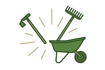 Wheelbarrow, garden rake, and hand hoe essential tools for spring planting and yard work