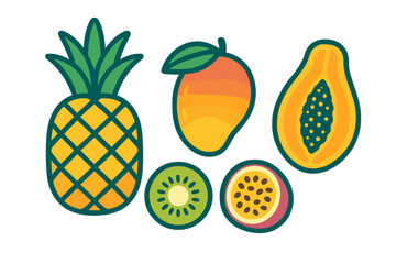 Stylized collection of fresh tropical fruits: pineapple, mango, papaya, kiwi, and passion fruit