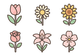 Set of six colorful spring and summer flower icons featuring tulip, rose, sunflower, and cherry blossom