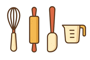 Collection of essential baking tools including a whisk, rolling pin, spatula, and measuring cup