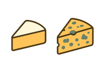 Two triangular cheese wedges, one creamy slice and one blue cheese piece with mold spots