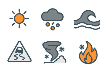 Set of simple symbols representing natural hazards and severe weather conditions