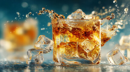 A glass of amber whiskey with ice splashes liquid, creating a sense of freshness and luxury.
