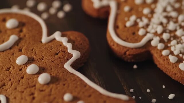 Close up of delicious gingerbread man cookies with white icing decoration.