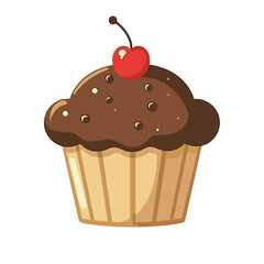 Delightful cupcake with cherry topping, a tempting dessert. This cupcake illustration features chocolate frosting and a single red cherry, ideal for sweet indulgence. Enjoy cupcake as birthday treat,