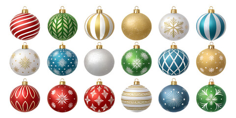 Realistic Christmas Ornaments Set  Isolated Baubles in Red, Gold, Silver and Blue on Transparent Background
