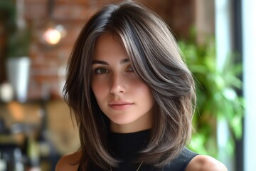 Obraz premium Young woman showcasing a stylish shoulder length layered haircut, presenting natural beauty and confidence