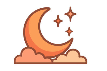 Stylized crescent moon with sparkling stars and fluffy clouds in warm colors