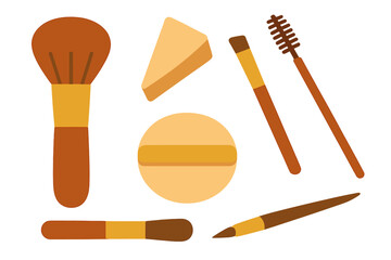 Collection of essential cosmetic tools including powder brush, blending sponge, and applicators