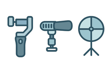 Essential filmmaking and vlogging gear icons featuring camera stabilizer, boom microphone, and studio reflector