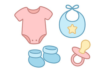 Set of essential newborn baby items including bodysuit bib booties and pacifier