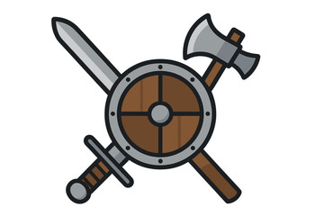 Obraz premium Crossed medieval combat weapons including a sword, battle axe, and round shield