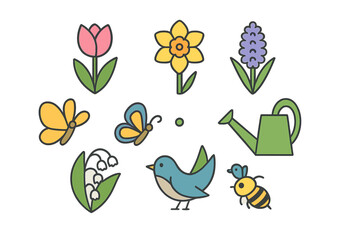 Colorful spring season elements and gardening symbols collection on white background