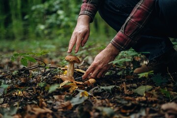 Obraz premium Bended down to cut. Close up view of man that is doing mushroom picking in the forest