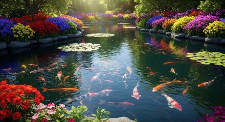 Serene Garden Pond Koi Fish Swimming Amidst Vibrant Floral Borders and Lily Pads Under Sunlight