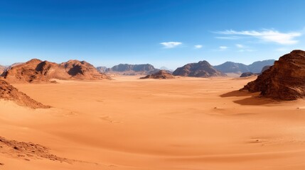 Vast Desert Landscape with Red Sand and Rocky Mountains, Arid Environment, Panoramic View, Travel Destination, Natural Beauty, Scenic Vista